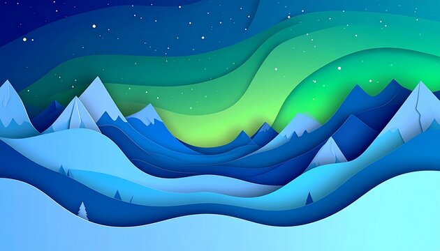 Paper Cut Style Winter Mountain Landscape with Aurora Borealis Night Sky