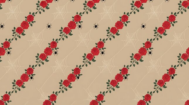 Gothic rose pattern background, dark floral spider web seamless pattern, creepy aesthetic wallpaper for Halloween backdrop