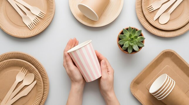 Flat lay of eco friendly disposable tableware and a potted succulent plant
