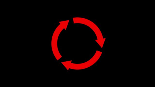 Three rotating arrow circle animation red color on a black background.