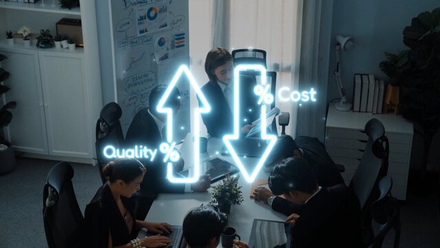 A dynamic business meeting showcasing a team analyzing quality and cost metrics through engaging visual graphics in a contemporary office setting. Raster