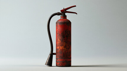 Obraz premium Old red fire extinguisher, vintage rusty metal extinguisher standing alone, industrial still life background with copy space for text 