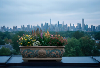Fototapeta premium Urban gardening and city living, colorful flowers in a decorative planter on a rooftop terrace overlooking a metropolitan skyline at dusk