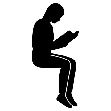 Person sitting and reading an open book, student studying and learning, black reader silhouette vector illustration on transparent background