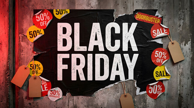 Dramatic black friday sale announcement with vibrant discount stickers and a distressed background texture
