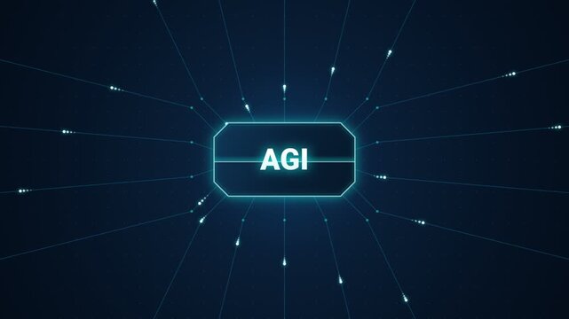 agi artificial general intelligence processor chip animation with glowing data pulses radiating on dark blue