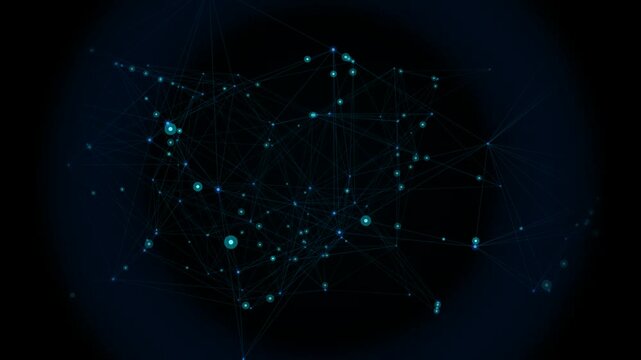 ai neural network data stream animation with glowing cyan nodes and connected lines on black background