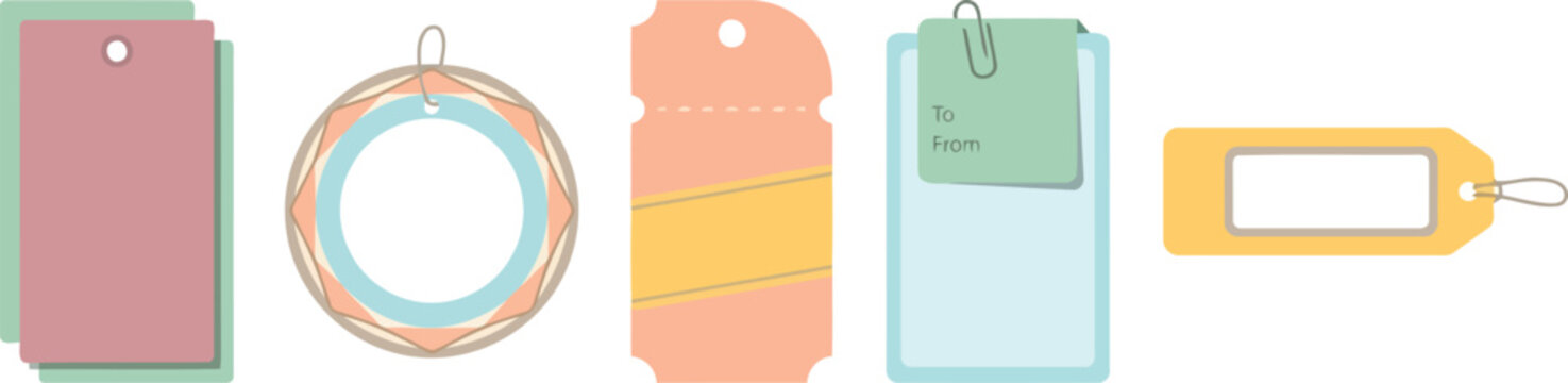 Colorful assortment of blank gift tags and labels in various shapes for packaging and crafting projects.