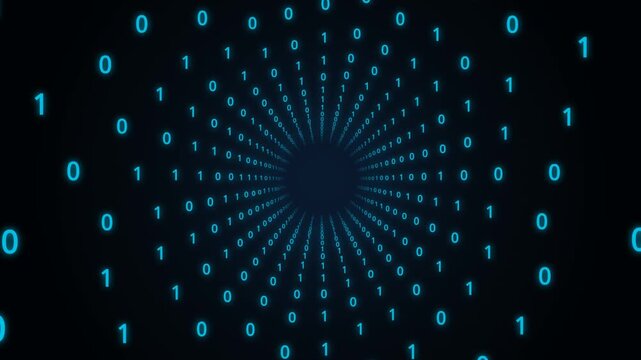 cyan binary code tunnel animation with glowing zeros and ones flowing toward center for data transfer concept
