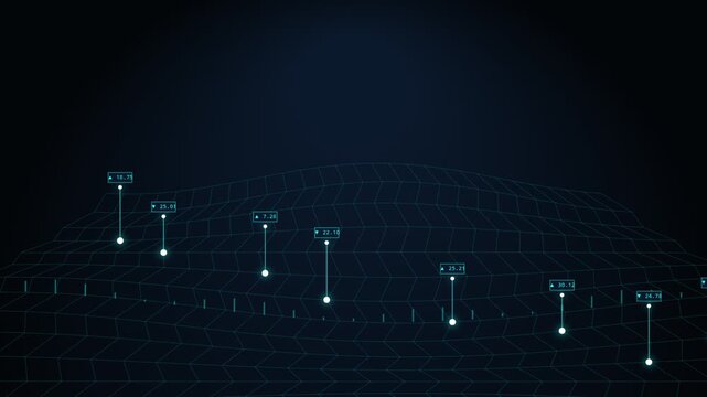 cyan wireframe mesh landscape animation with glowing point markers and numeric labels for big data analytics