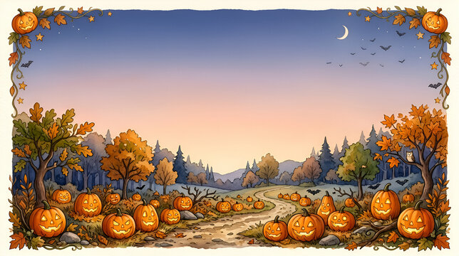 Halloween pumpkin patch path through autumn forest under crescent moon
