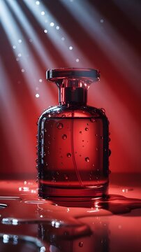 Elegante botella de perfume de lujo con gotas de agua sobre un fondo rojo iluminado por rayos de luz dram&aacute;ticos