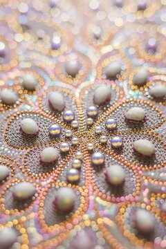 Macrofotograf&iacute;a detallada de un dise&ntilde;o ornamental brillante decorado con perlas, cuentas y texturas intrincadas
