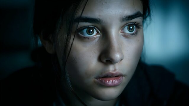 Retrato de primer plano de una joven con mirada expresiva y asombrada iluminada por una pantalla en la oscuridad