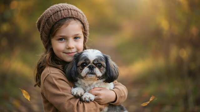 Ni&ntilde;a feliz con gorro de lana abrazando tiernamente a su perro Shih Tzu en un parque durante el oto&ntilde;o