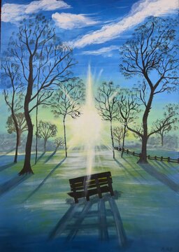 Peaceful park bench under trees with sunlight- orginal landscape painting