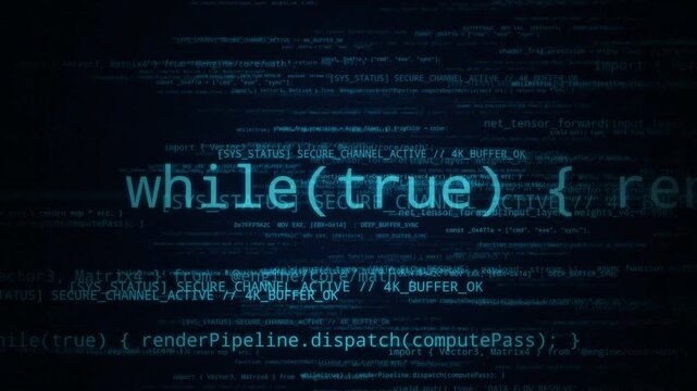 programming code dolly in zoom animation with layered javascript and assembly text on dark blue screen