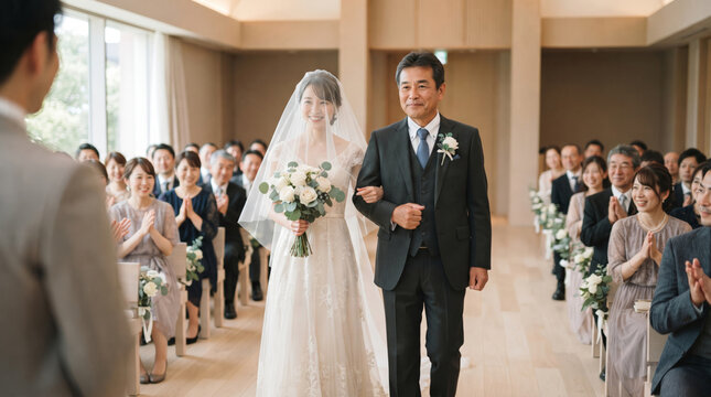 結婚式で父親とバージンロードを歩く笑顔の花嫁