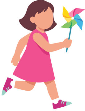 Flat Girl Running and Holding Colorful Paper Pinwheel Toy Vector Illustration