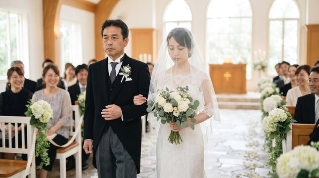 結婚式のチャペルで父親とバージンロードを歩く新婦
