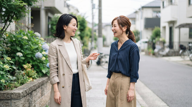 住宅街の路上で笑顔で立ち立ち話をする近所同士の女性二人