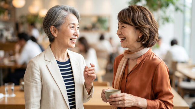 カフェで楽しそうに会話を楽しむシニア女性の友人同士