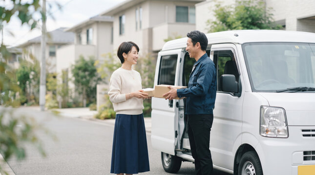 住宅街で笑顔で荷物を受け取る女性と配達員
