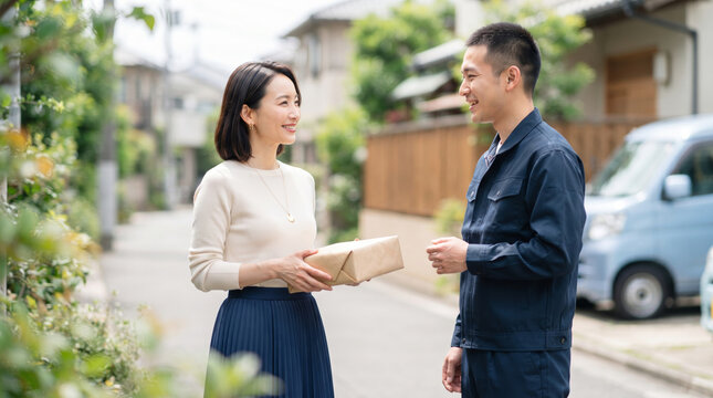 宅配便の荷物を笑顔で受け取る女性と配達員