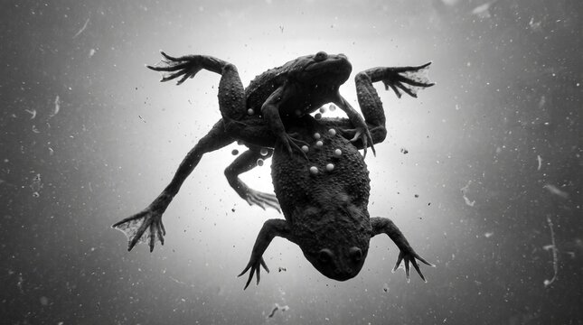 Black and white underwater macro of Surinam toads (Pipa pipa) in amplexus mating upside down