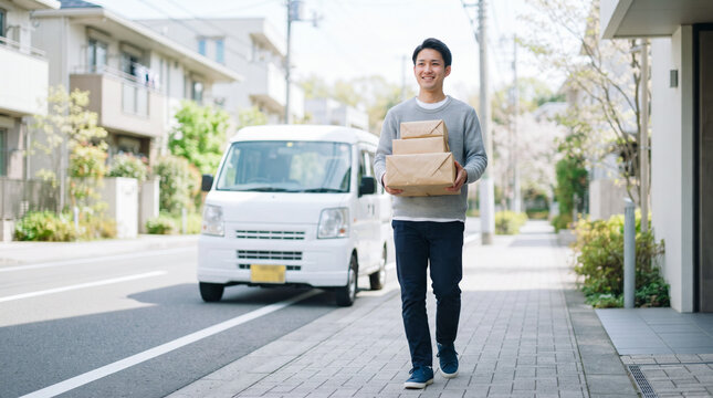 住宅街で荷物を抱えて笑顔で歩く配達員と軽バン