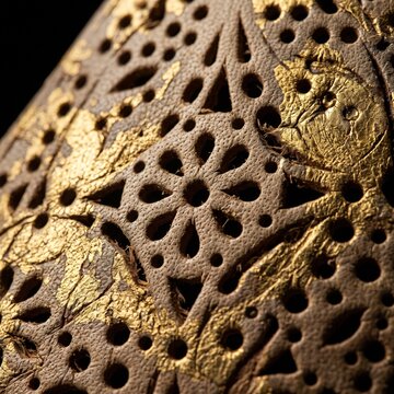 Macro texture of Wayang Kulit leather puppet with intricate holes and gold leaf detailing