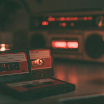 Vintage cassette tape deck recorder playing audio cassette tape on retro desk in atmospheric ambient light