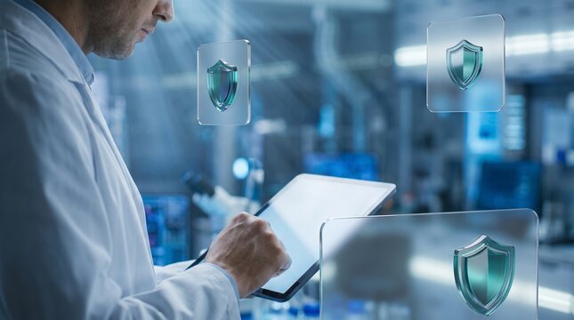 Healthcare cybersecurity professional using digital tablet with shield icons for medical data protection and scientific research security in laboratory