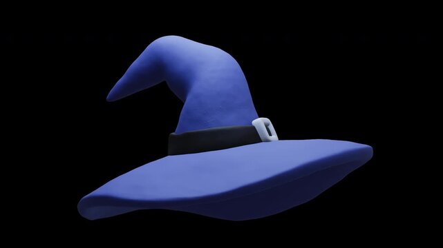 Transparent background seamless loop 3D stylized animation of a magical blue sorcerer's clay hat smoothly levitating up and down. Stop-motion clay style with boiling effect and texture wobble.