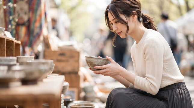 クラフト市で陶器の器を手に取り鑑賞する女性