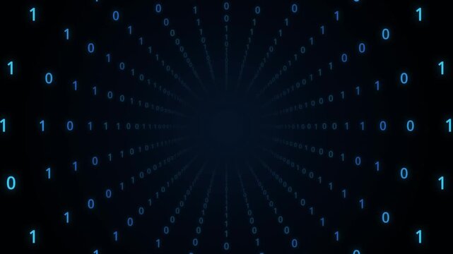 blue binary tunnel animation with zero and one digits flying toward camera on black background