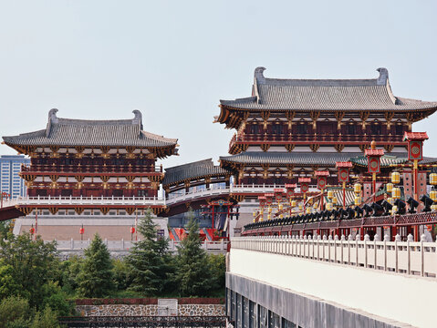 Traditional Chinese Palace Architecture with Red Lanterns and Tiered Roofs