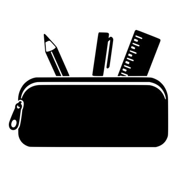 Zipped Pencil Case with Pen and Ruler, Black Vector Silhouette
