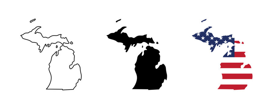 Michigan state outline, silhouette and American flag icon set