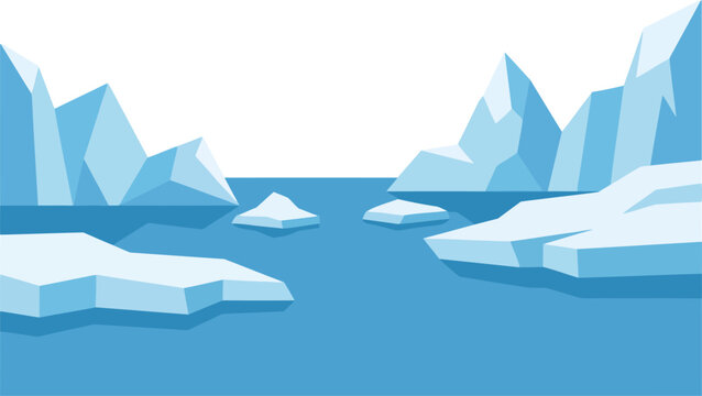 Flat Arctic Landscape with Floating Icebergs and Glaciers Vector Illustration   