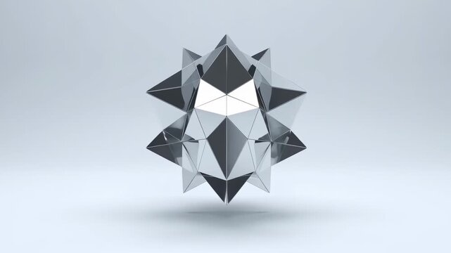 Reflective metallic sphere transforms into faceted geometric polyhedron and sharp star-like form while hovering above pale floor, with bright studio reflections and soft centered shadow