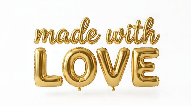 Golden balloon letters spelling made with love on a white background