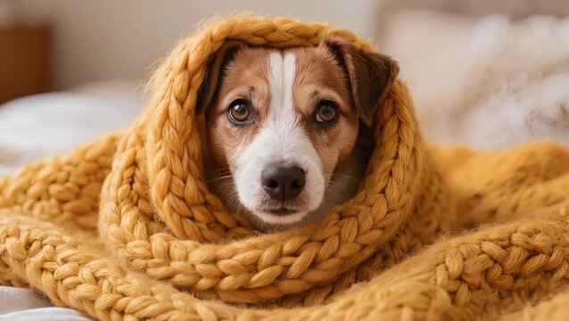 Cozy Jack Russell Terrier-type dog wrapped in a mustard-yellow chunky knitted blanket, gently blinking and breathing while resting peacefully on a soft white surface.