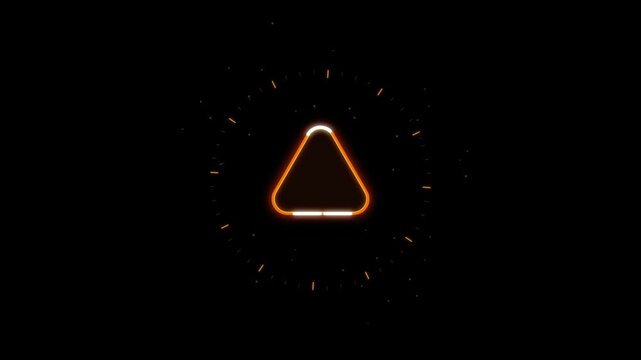 Glowing orange warning triangle symbol with hud circle grid elements on black background motion background