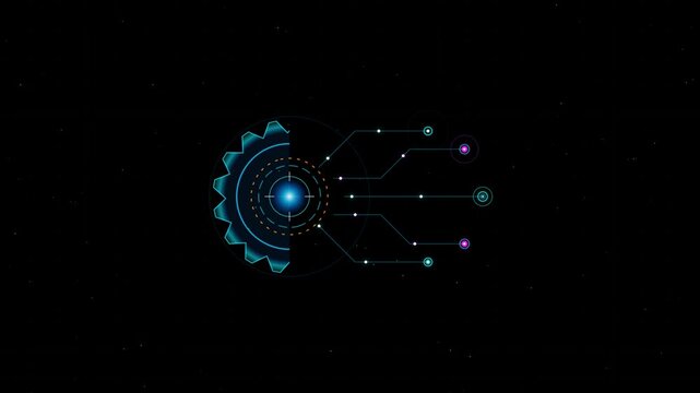 Futuristic technology HUD interface with rotating gear and glowing circuit nodes on abstract dark space background