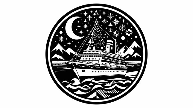 Linocut style cruise ship illustration under large crescent moon and starry night sky featuring winter mountains and decorative snowflakes for nautical christmas voyage cards and maritime stickers.