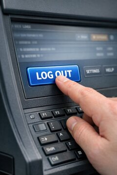 A person using an ATM to withdraw cash from their account, with a focus on the log out button being pressed