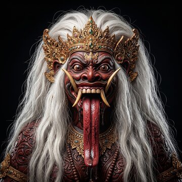 Balinese Rangda demon queen mask with long tongue white hair and golden crown isolated black background
