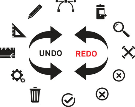 Editing tools and undo redo arrows set silhouette isolated on transparent background