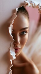 Fototapeta premium A beautiful woman's face peeking through a torn paper wall, soft lighting, natural makeup, green eyes, elegant and mysterious mood, pink background.